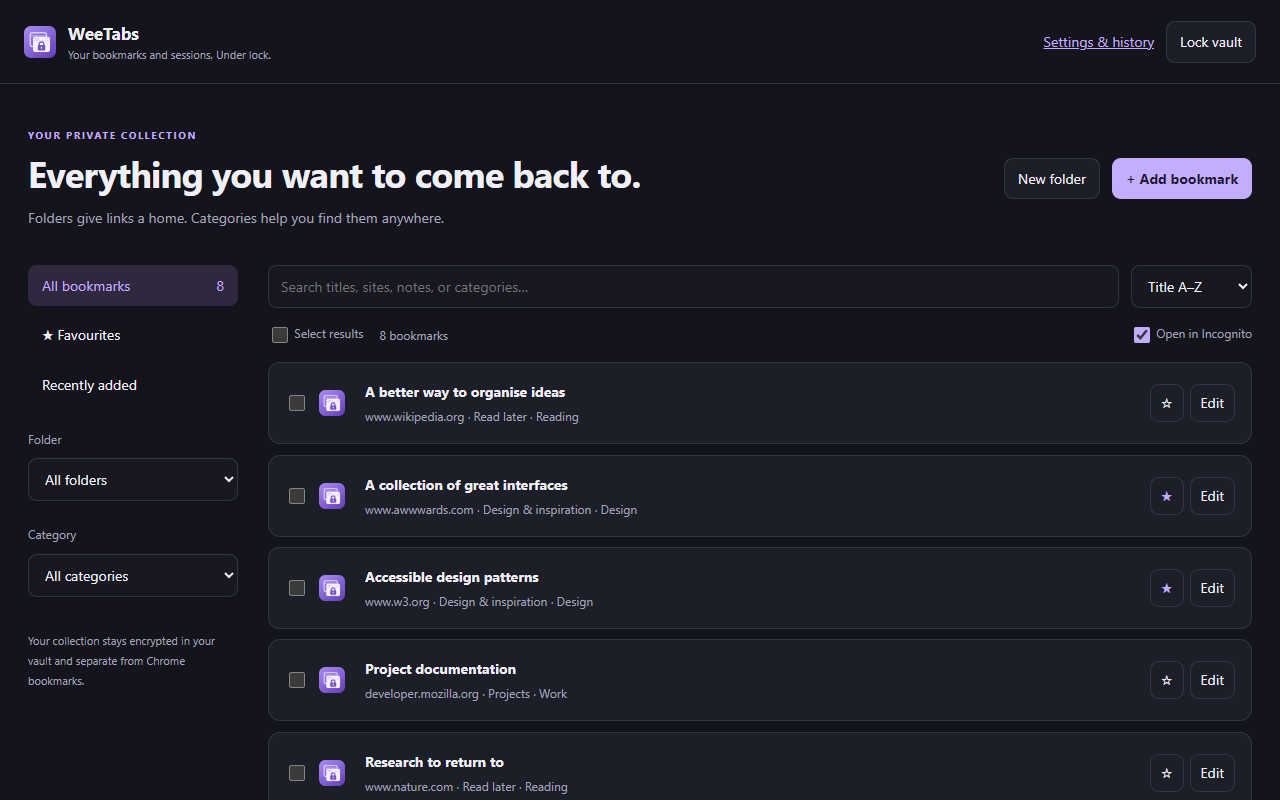 WeeTabs bookmark library with folders, categories, favourites and search